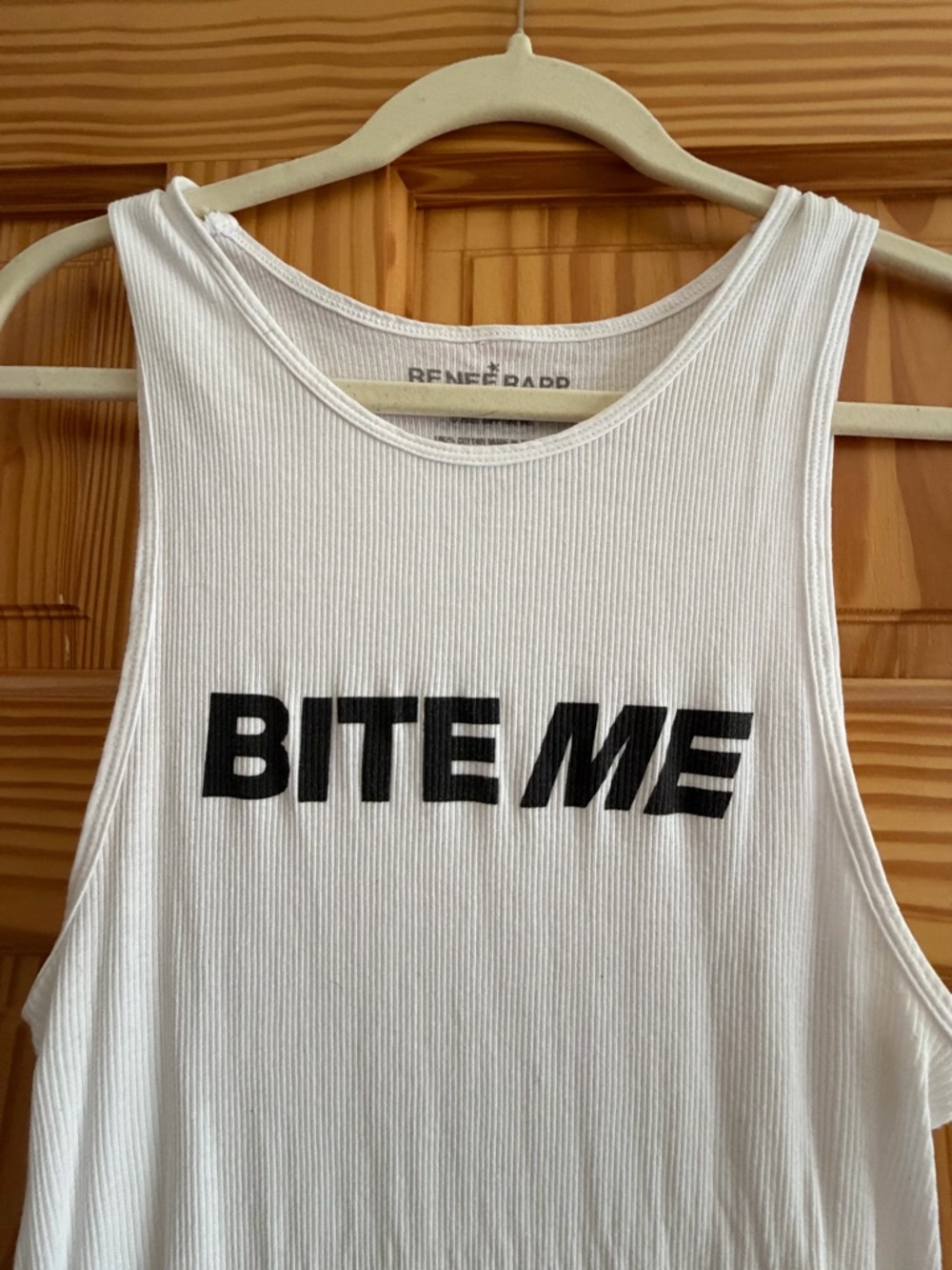 RENÉE BARR White Ribbed Tank Top with "BITE ME" Graphic
